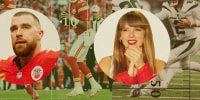 Photo illustration of Travis Kelce, a Kansas City Chiefs tight end, Taylor Swift, and players of the Kansas City Chiefs and New York Jets playing.