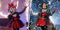 On the left, a person in a mouse costume and red dress sings onstage. On the right, Demi Lovato in the same red dress smiles and waves amid gold confetti.