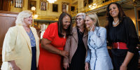 South Carolina State Senator's (from left to right) Penry Gustafson, Margie Bright Matthews, Katrina Shealy, Sandy Senn and Mia McCleod pose for a portrait on the floor of the senate floor inside South Carolina State House in downtown Columbia, SC on May 11, 2023. 