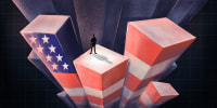Figure stands atop bar graph with American flag on sides