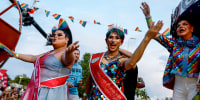 Drag queens ride on a float during the Stonewall Pride parade on June 17, 2023 in Wilton Manors, Fla.