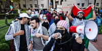 Palestinian supporters protest at Columbia University on Oct. 12, 2023.