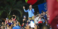 Opposition presidential hopeful Maria Corina Machado celebrates  her victory in the opposition primary election in Caracas on Oct. 23, 2023. 