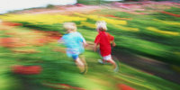 Boys (3-5) running through field of dahlias, rear view (blurred motion