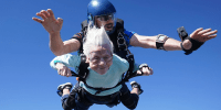 This photo, provided by Daniel Wilsey, shows Dorothy Hoffner, 104, falling through the air with tandem jumper Derek Baxter on Sunday, Oct. 1, 2023, at Skydive Chicago in Ottawa, Ill. 