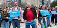 Advocates gather for a rally at the state Capitol in Nashville, Tenn., to oppose a series of bills that target the LGBTQ community, on Feb. 14, 2023. 