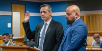 Kenneth Chesebro is sworn in during a plea deal hearing on Oct. 20, 2023, at the Fulton County Courthouse in Atlanta.