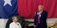 Texas Gov. Greg Abbott and Republican presidential candidate and former President Donald Trump in Edinburg, Texas on Nov. 19, 2023. 