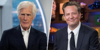 On the left, Keith Morrison in a suit sits on a TV set looking somber. On the right, Matthew Perry also in a suit and tie, smiles at the camera from a colorful TV studio.