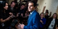 Rep. Matt Gaetz, R-Fla., talks with reporters in the U.S. Capitol on Oct. 3, 2023. 