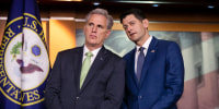 House Majority Leader Kevin McCarthy, left, and Speaker of the House Paul Ryan face reporters following a closed-door conference with fellow Republicans in 2018. 