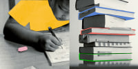 Photo Illustration: A child doing homework next to a large stack of books