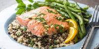 Wild caught fresh salmon with green beans over rice and lentils