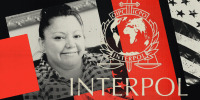 Photo illustration of Jessica Barahona-Martínez, an El Salvadorian woman who was detained by Interpol; the Interpol logo; an inverted American flag.