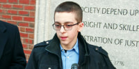 Middle schooler Liam Morrison speaks outside of the U.S. Court of Appeals for the First Circuit in Boston on Thursday morning, Feb. 8, 2024. His attorney, David Cortman, looks on.