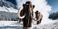Prompt: Several giant wooly mammoths approach treading through a snowy meadow, their long wooly fur lightly blows in the wind as they walk, snow covered trees and dramatic snow capped mountains in the distance, mid afternoon light with wispy clouds and a sun high in the distance creates a warm glow, the low camera view is stunning capturing the large furry mammal with beautiful photography, depth of field.