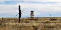 A rebuilt watchtower stands at Camp Amache, the site of a former World War II-era Japanese-American internment camp in Granada, Colo.