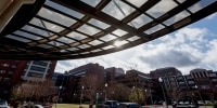The sun shines through an awning at The University of Alabama at Birmingham Women's and Infant Center in Birmingham, Ala. March 23, 2022. 