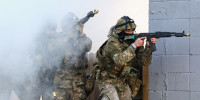 Ukrainian soldiers take part in a training exercise on Feb. 24, 2024, on the second anniversary of the invasion of Ukraine by Russia.