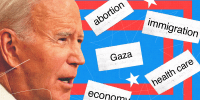Photo Illustration of Joe Biden and floating words of news-related trends: "abortion, Gaza, immigration, health care, economy, Ukraine" 