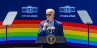 President Joe Biden speaks at the Pride Month celebration on the South Lawn.