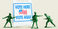 Photo illustration of green toy soldiers protecting a pixelated "Vote Here" street sign.
