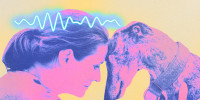 Photo Illustration: A woman experiencing alpha brainwaves while hugging her dog