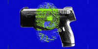 Photo illustration of Biofire gun with fingerprint overlaid atop it