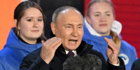 Vladimir Putin during a rally and a concert celebrating the 10th anniversary of Russia's annexation of Crimea at Red Square in Moscow
