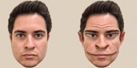 Computer-generated images of the distortions of a male face (top) and female face (bottom), as perceived by the patient in the study.