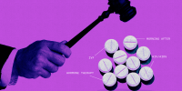 Photo illustration of man with gavel hovering over group of pills 