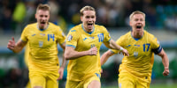 Mykhailo Mudryk of Ukraine celebrates scoring his team's second goal during the UEFA EURO 2024 Play-Offs final match against Iceland on March 26, 2024 in Wroclaw, Poland. 