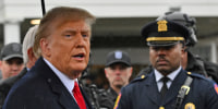 Former President Donald Trump speaks to the press after attending the wake for New York Police Department Officer Jonathan Diller in Massapequa, N.Y., on March 28, 2024. 