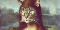 Photo illustration of a cats face and ears on the Mona Lisa