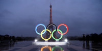 The Olympic rings on the Trocadero Esplanade near the Eiffel Tower in Paris