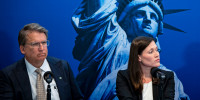 Leaders of "No Labels," from left, former North Carolina Gov. Pat McCory, Margaret White, co-executive director, and former U.S. Assistant Attorney Dan Webb at a news conference in Washington on Jan. 18, 2024.