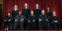 Supreme Court Justices. Bottom row, from left, Associate Justice Sonia Sotomayor, Associate Justice Clarence Thomas, Chief Justice of the United States John Roberts, Associate Justice Samuel Alito, and Associate Justice Elena Kagan. Top row, from left, Associate Justice Amy Coney Barrett, Associate Justice Neil Gorsuch, Associate Justice Brett Kavanaugh, and Associate Justice Ketanji Brown Jackson.