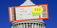 Photo illustration of the Capitol in Washington and a concert ticket with price stickers on it