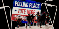 Photo Illustration: A group of migrants at the U.S. border, a sign that says "Polling Place Vote Here" and several iphone screens