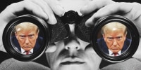 Illustration of a man looking through binoculars and in the lenses is former President Donald Trump at his hush money trial in a New York court