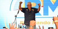 Jose Raul Mulino celebrates on stage with supporters after winning Panama's presidential election in Panama City 