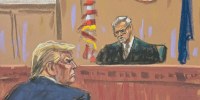 Courtroom sketch of Jude Juan Merchan and Donald Trump