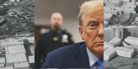 Donald Trump sits inside court at his hush money trial in New York, while a court officer peers over his shoulder; the background is an aerial view of Rikers Island Jail in New York.