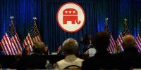 The logo for the Republican National Committee during the Republican National Committee spring meeting in Houston, Texas