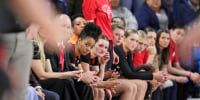 Players and staff on the Utah bench during the NCAA Tournament in Spokane, Wash., on March 25, 2024. 