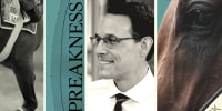 Photo illustration of horse named "Mystik Dan," Steve Kornacki, and Preakness sign 
