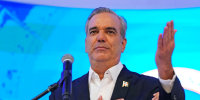 Incumbent presidential candidate Luis Abinader addresses supporters after the first vote count showed him leading in general elections in Santo Domingo, Dominican Republic, Sunday, May 19, 2024. 