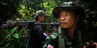 Fighters from the Karen National Union are seen near the KNU Headquarters, Myanmar, in October 2023.