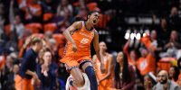 Tiffany Hayes while playing for the Connecticut Sun reacts after making a 3-point basket against the New York Liberty during the first half of Game 3 of a WNBA basketball semifinal playoff series Friday, Sept. 29, 2023, in Uncasville, Conn.