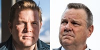 A side by side split image of Jon Tester and Tim Sheehy